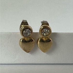 Dainty Little Jeweled Heartdrop Stud Earrings Gold Tone